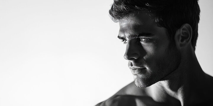 Men beauty concept. Close-up portrait of handsome bearded bodybuilder in good physique shape, posing on white background. Text space. Banner style. Monochrome studio shot