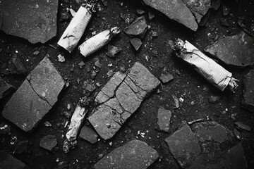 Discarded cigarette butts litter a broken pavement, highlighting environmental pollution and irresponsible smoking habits