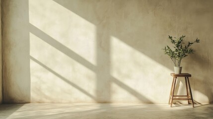 Sunlit room interior with plant on stool.