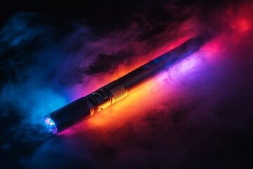 Fototapeta premium Modern electronic cigarette glowing with multicolor led lights resting on a wooden surface
