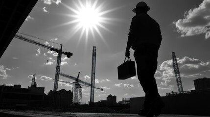 Fototapeta premium Silhouette of construction worker at a site with cranes under bright sun.