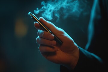 Businessman holding electronic cigarette smoking at night with blue light and smoke