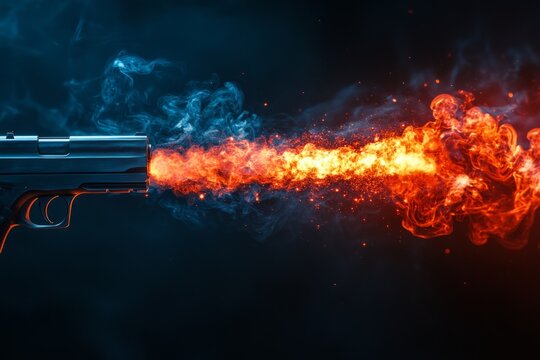 Gun shooting with fire flames and sparks effect on dark background