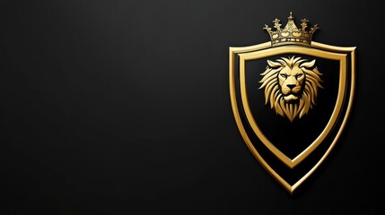 Crowned Lion Shield Emblem Dark Background Logo - Regal lion head, golden crown, black shield, luxury emblem, powerful symbol. Represents strength, royalty, protection, and leadership.
