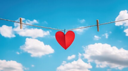 Red paper heart hanging on a clothesline against a bright blue sky with fluffy clouds.