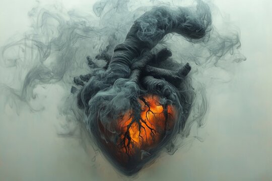 Glowing heart with growing branches and swirling grey smoke creating a dramatic and mysterious atmosphere