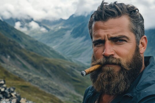 Portrait of a bearded man smoking a cigar in a beautiful mountain landscape