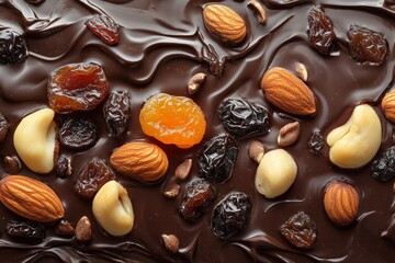 Delicious chocolate bar featuring almonds, cashews, macadamia nuts, raisins, and dried apricots