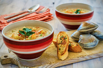 New England clam chowder with toasted bread