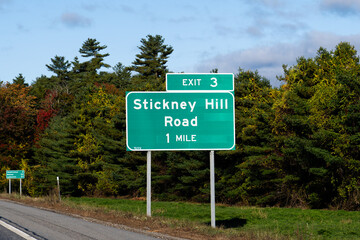 exit sign on  Interstate 89 for  Exit 3 for Stickney Hill Road in Concord, New Hampshire
