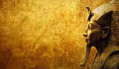 An Ancient Egypt texture wallpaper background with golden yellow hues, copyspace. side view of pharaoh 