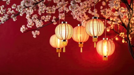 Obraz premium Chinese lanterns hanging decorations and sakura blossoms on red background, Elegant design for Chinese New Year greeting card ,copy space for text.