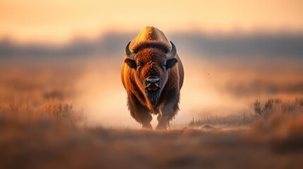A solitary bison walks through a misty landscape at dawn, beautifully illuminated by golden hues, emphasizing the connection between wildlife and nature in a serene setting.