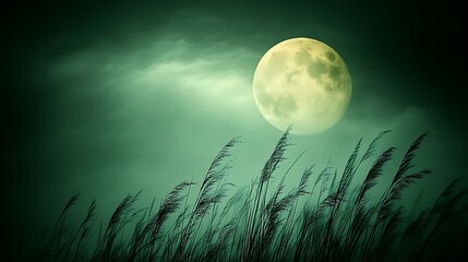 Fototapeta premium Serene Nighttime Landscape With Full Moon And Tall Grass