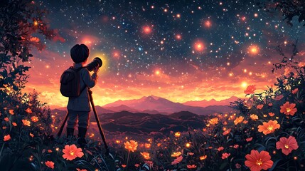 A lone photographer captures a breathtaking celestial sunset landscape