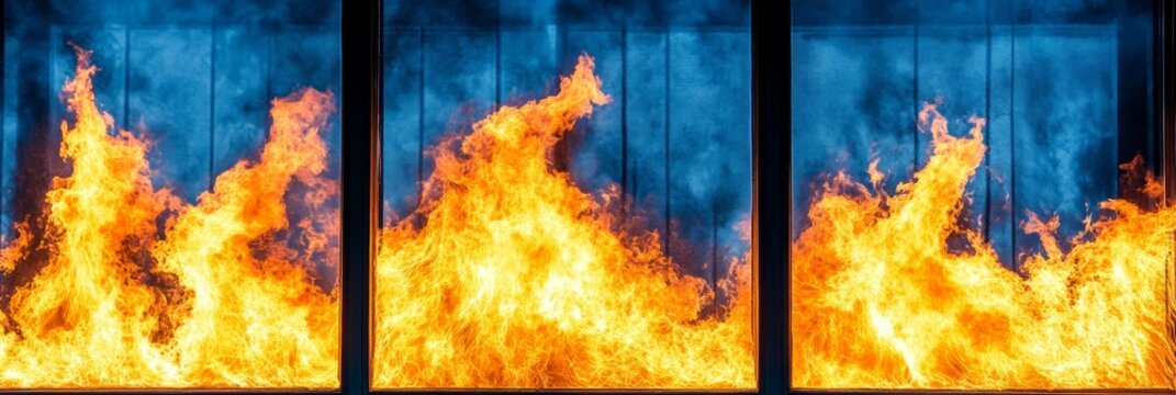 Fire-Resistant Glass Windows Reflecting Intense Flames - Powerful flames behind fire-resistant glass, symbolizing safety, protection, resilience, heat, and intensity.
