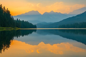 Golden hour illuminates a tranquil lake reflecting majestic mountains and a colorful sky