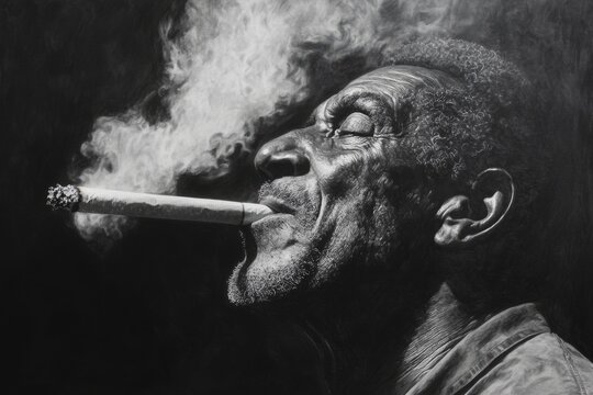 Black and white portrait of an elderly african american man smoking a large cigar and exhaling smoke - Powered by Adobe