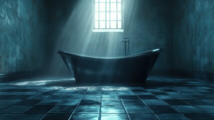 Dark, grungy bathroom with bathtub, light rays from window