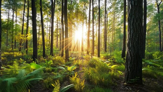 A serene forest scene shows sunlight filtering through tall trees, illuminating ferns, and creating a magical atmosphere of peace and tranquility in nature.