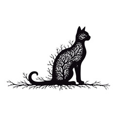 Cute silhouette cat branches black vector illustration
