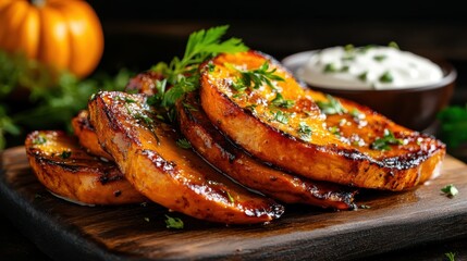 Beautifully charred grilled pumpkin slices garnished with fresh herbs and served alongside a creamy yogurt dip, enhancing the dish's flavor and visual appeal.