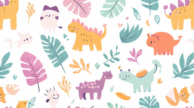 Playful seamless pattern featuring pastel colored tropical leaves. Playful Jungle Creatures. Illustration