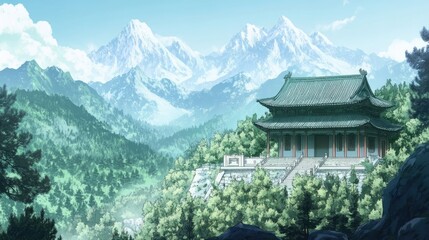 Fototapeta premium Chinese temple landscape with forest and mountains in the background, anime style.