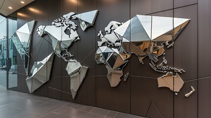 Geometric World Map Installation: A Modern Metallic Masterpiece