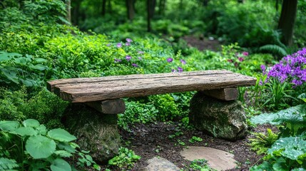 Rustic wooden bench in lush garden; tranquil nature scene; relaxation and peace