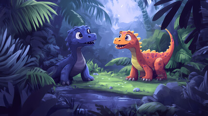 Naklejka premium Two cute, colorful dinosaur-like creatures in a lush, vibrant jungle setting. Playful Jungle Creatures. Illustration