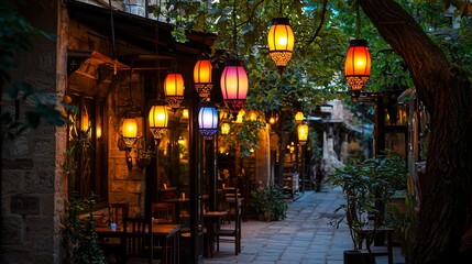 Naklejka premium Colorful lanterns illuminate a charming alleyway restaurant at dusk.