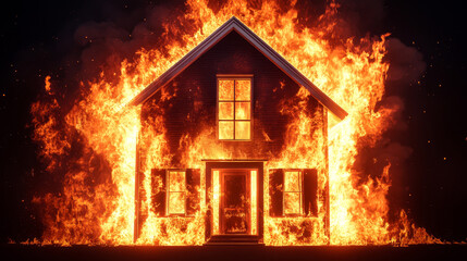House Inferno Blaze - A house engulfed in flames, burning intensely against a dark night sky.  Dramatic imagery of fire and destruction.