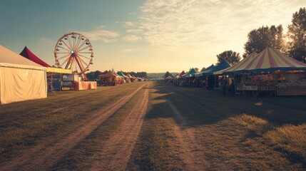 Fairground path at sunset with Ferris wheel and tents.