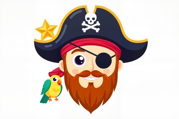 Cartoon pirate with an eye patch and parrot, smiling joyfully in a vibrant vector illustration, concept of adventure and whimsy.  Cartoon illustration for children's books