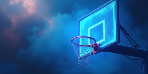 Naklejka premium Dynamic basketball hoop under a moody sky, perfect for sports promotions, team branding, or event marketing.