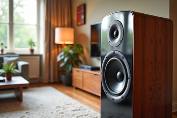 Premium audio speaker showcased in a modern living room with warm wood tones, representing the fusion of luxury and technology.