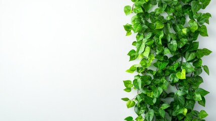 Obraz premium Lush Green Vine on White Background - Vibrant green vine cascading down a clean white backdrop, perfect for spring or summer themes. Ideal for blogs, websites, or presentations.