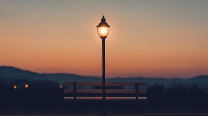 Obraz premium Illuminated lamppost and bench at sunset, scenic landscape background.