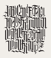 Gothic font. Full set of capital and small letters of English alphabet in vintage style. Medieval Latin letters. Vector calligraphy and lettering. Suitable for tattoo, label, headline, poster © paseven
