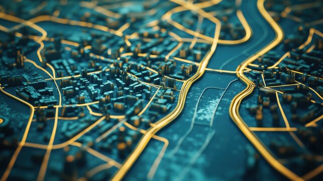 A closeup image of a stylized grid map illustrating microfactory positions connected by dashed lines representing delivery and transport routes to local markets.