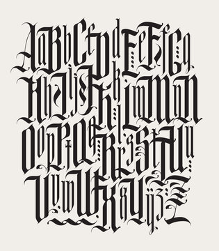 Gothic font. Full set of capital and small letters of English alphabet in vintage style. Medieval Latin letters. Vector calligraphy and lettering. Suitable for tattoo, label, headline, poster