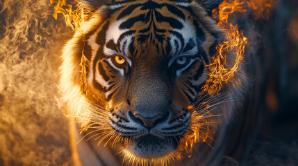 Majestic tiger gazes fiercely as flames surround its powerful form in the wild
