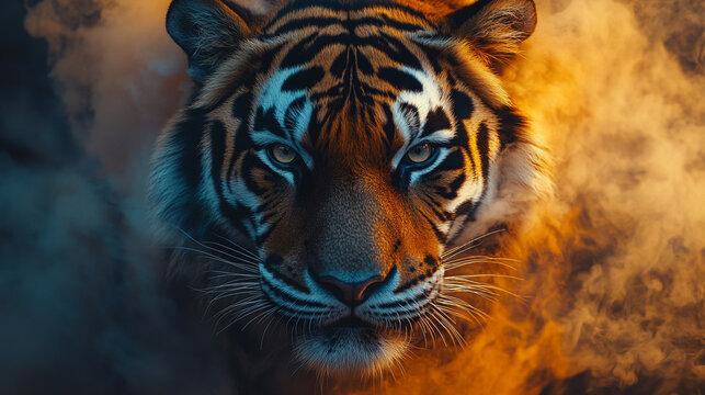 Fierce tiger emerging from colorful smoke in a dramatic display of power and majesty