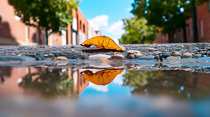 Fallen leaf reflected in a puddle on a city street.