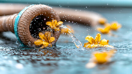 Water pouring from clay pot with yellow flowers, splashing.