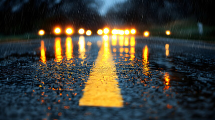 Rainy night road with blurred lights.