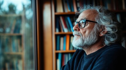 A contemplative older man gazes thoughtfully out of a window, surrounded by books, capturing a moment of introspection and wisdom in a serene library environment.