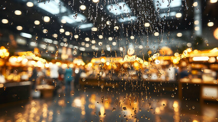 Rainy night market viewed through a wet window.