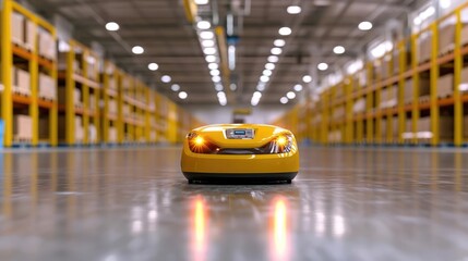 Yellow robot navigating warehouse aisle, packages on shelves. Industrial automation stock photo